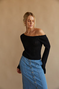 black off the shoulder sweater - boat neck knit top - cozy fall top