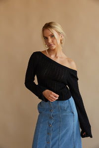 black long sleeve sweater top - boat neck knit - trendy fall top