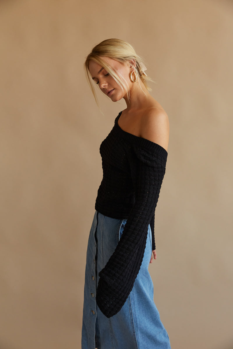 black off the shoulder sweater - knit boat neck top - fall style