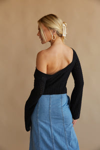 off the shoulder black bell sleeve sweater - trendy fall tops - 2023 fall outfit