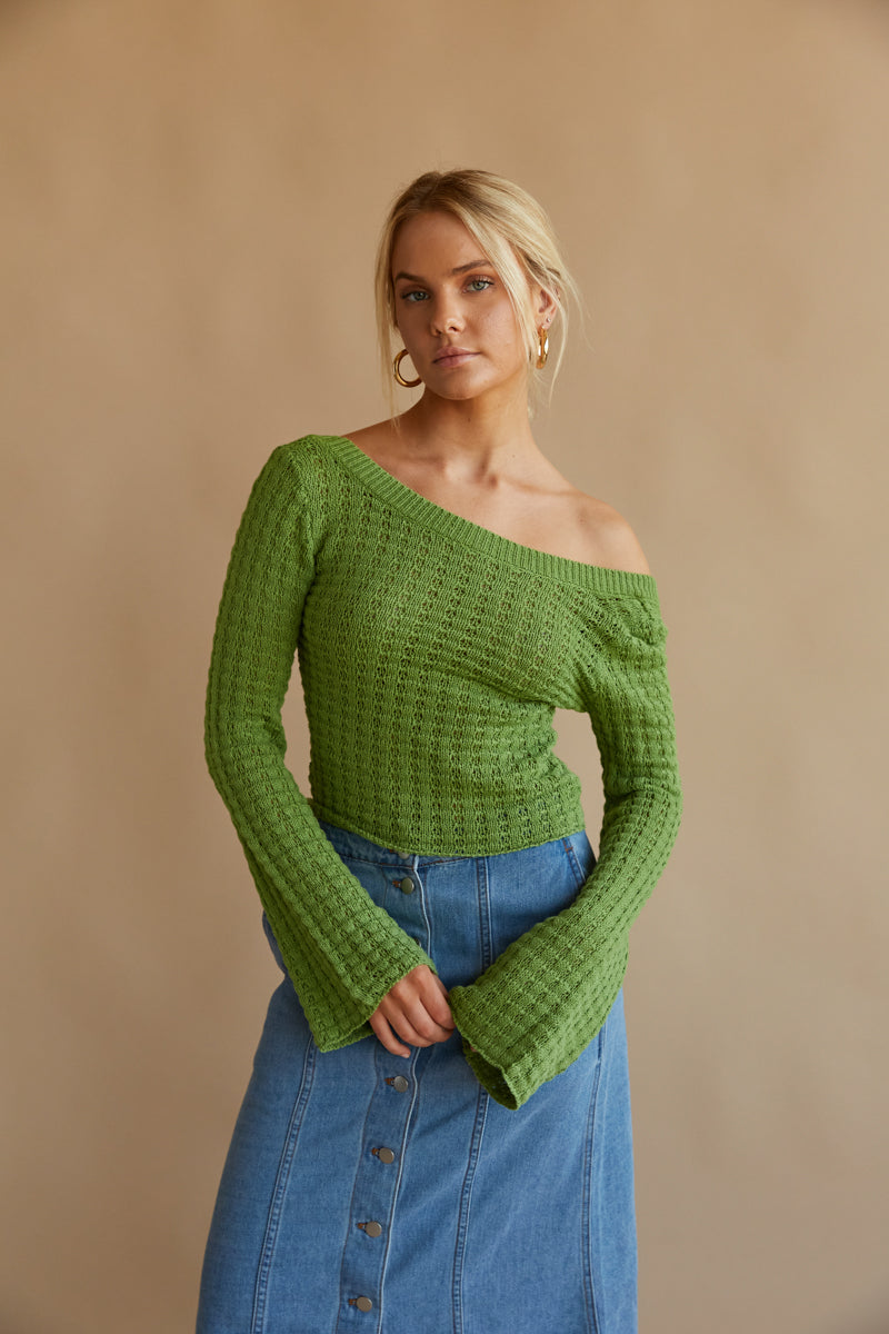 green long sleeve knit top - bell sleeve sweater - fall tops 2023