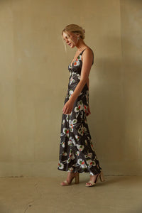 brown satin floral maxi dress - homecoming maxi dress 2023 - wedding guest dress inspo