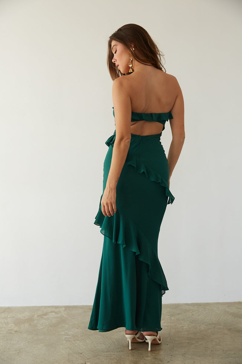 Jana Strapless Ruffle Open Back Maxi Dress | Shop American Threads Boutique Emerald / Xs Jana Strapless Ruffle Open Back Maxi Dress | Shop American Threads Boutique Emerald / Xs