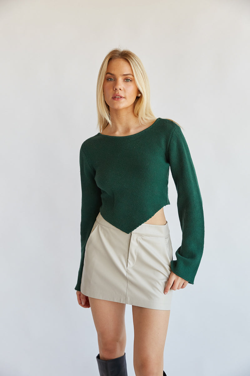 dark green emerald knit handkerchief open back flare long sleeve sweater - women's casual trendy boutique 