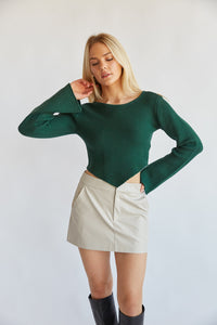 forrest green jade pointed hem long sleeve knit cropped sweater with flare sleeve - trendy winter sweater boutique