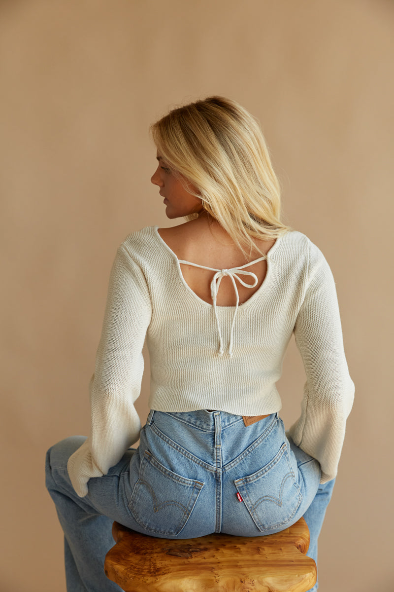 cream tie back long sleeve top - open back sweater with bell sleeves - cute and cozy fall sweater 