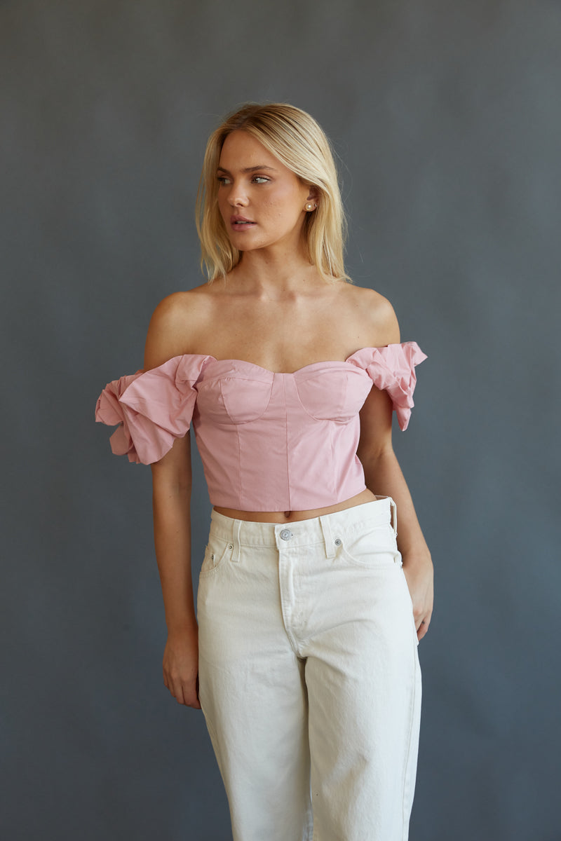 dusty pink off the shoulder ruffle sleeve corset top