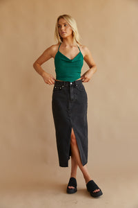 green cowl neck halter top - fall 2023 outfit inspo - trendy open back halter top