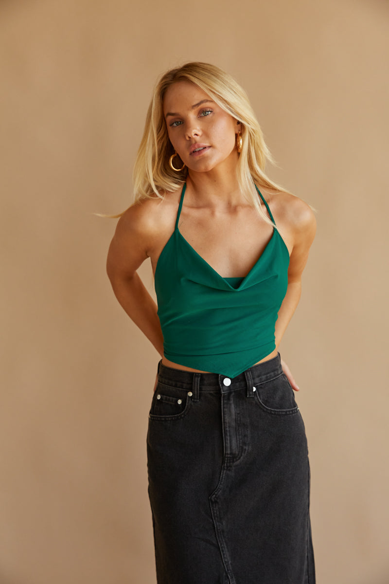 green cowl neck crop top- tie back halter top - trendy fall outfit