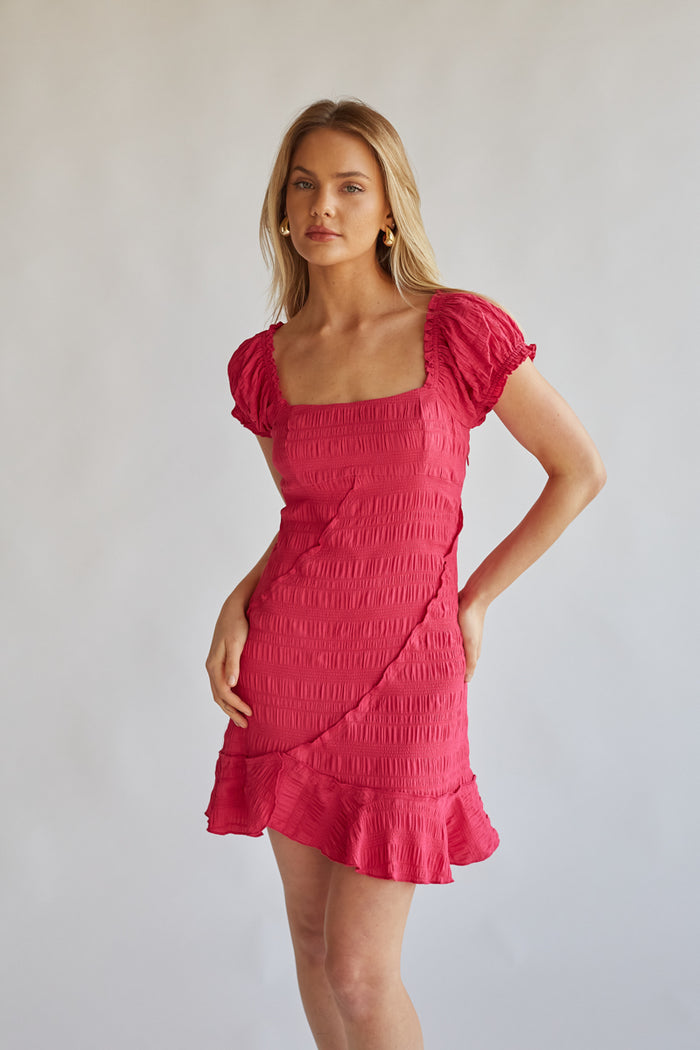 pink-image | hot pink puff sleeve smocked bodycon mini dress | rush dress boutique