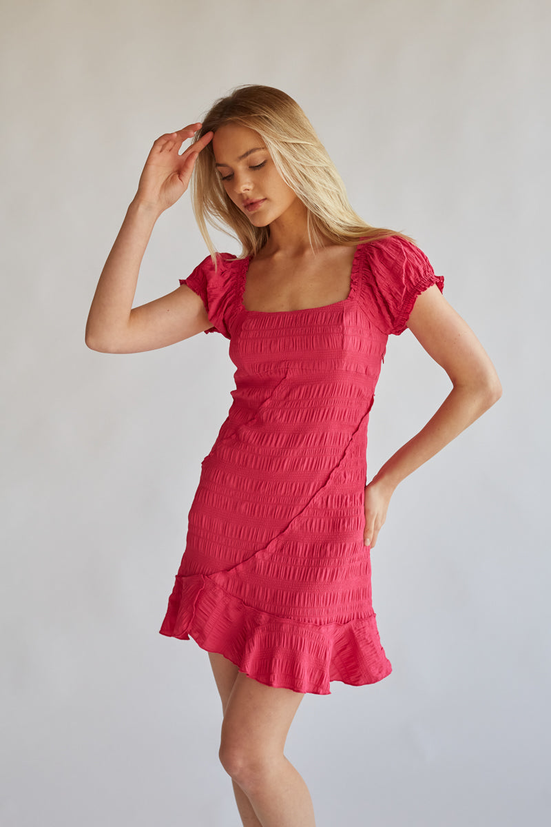 hot pink puff sleeve smocked bodycon mini dress | rush dress boutique