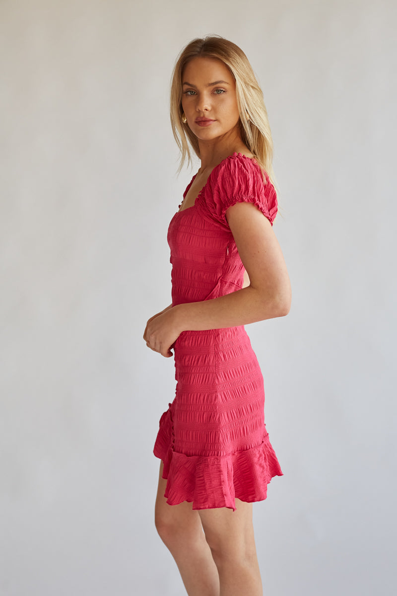 hot pink square neck puff sleeve smocked dress with ruffle hem | unique summer sundresses