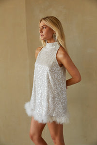 sleeveless high neck feather trim mini dress - white sequin bachelorette dress - sparkly vegas party dress