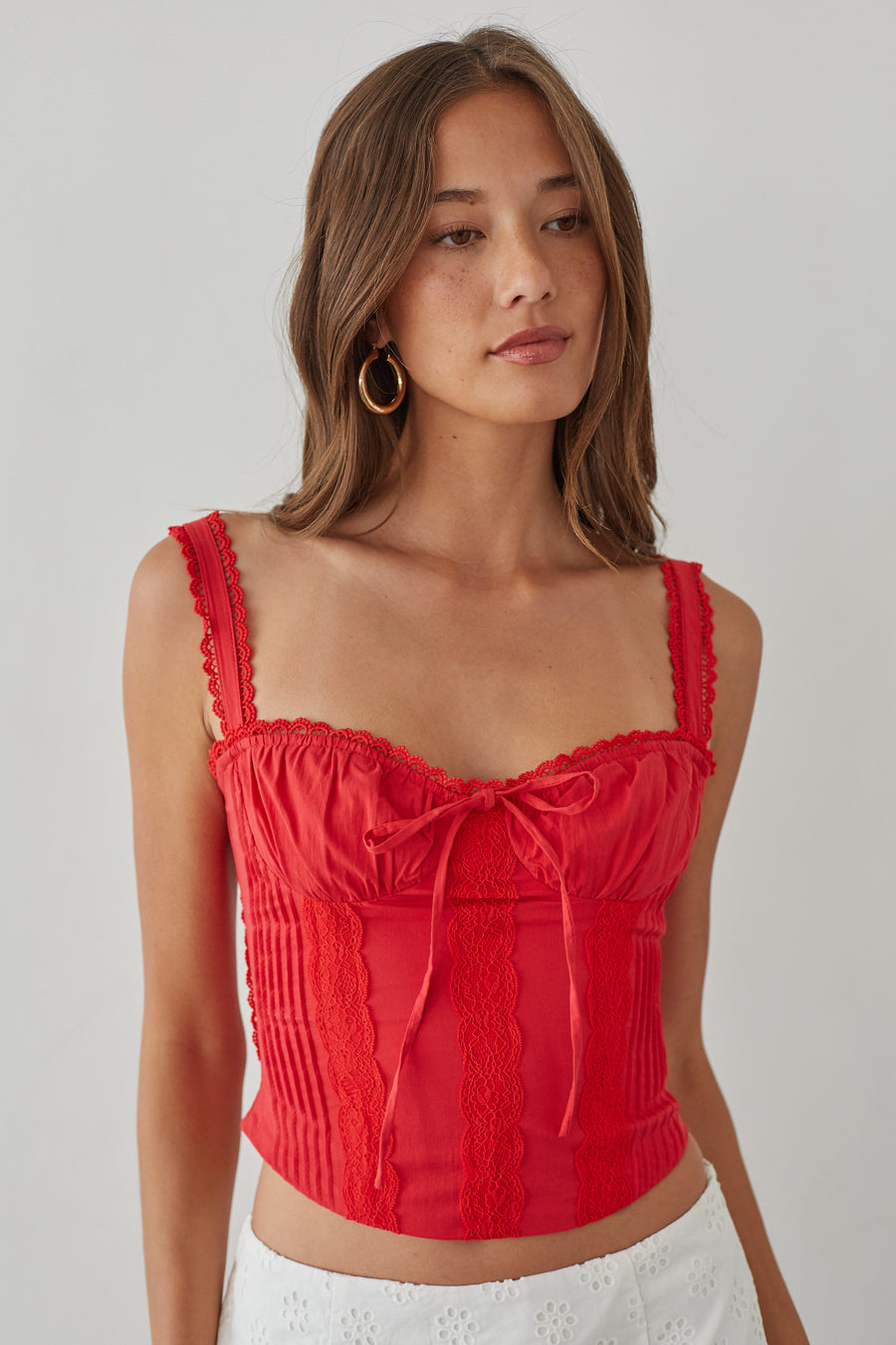 front-side-image | lace-trimmed ruched corset top | feminine going-out crop top | trendy lace summer tops | red lace corset crop top with ruched bust and dainty lace straps