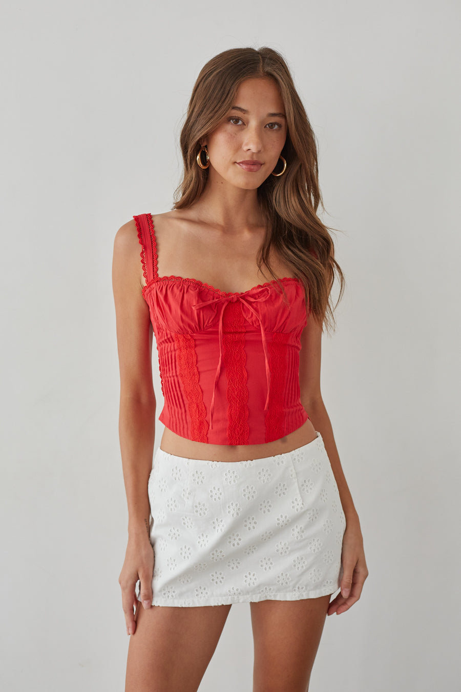 red-image | front-image | red lace corset crop top | ruched bust top | summer going-out tops | red lace corset crop top with ruched details and tie front