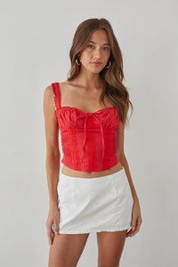 red-image | front-image | red lace corset crop top | ruched bust top | summer going-out tops | red lace corset crop top with ruched details and tie front