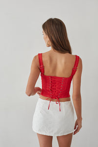 back-image | smocked back corset top | adjustable strap crop top | trendy summer tops | red lace corset-style top with a smocked back and fitted silhouette