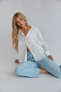 white satin button down shirt in ivory