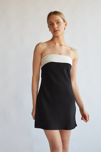 high contrast black and white foldover open back mini dress | classy simple cocktail mini dress