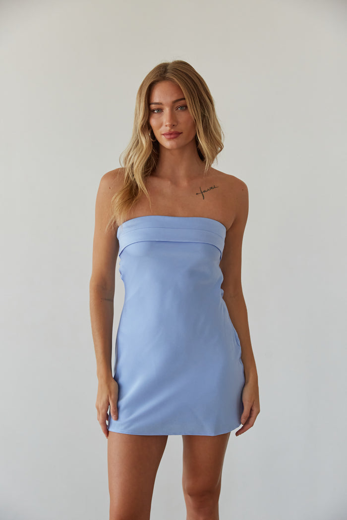 blue-image | periwinkle blue strapless foldover open back satin mini dreess | unique rush mini dress boutique