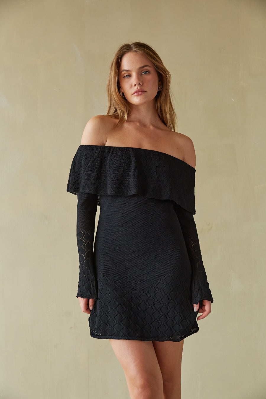 Julia Off the Shoulder Ruffle Sweater Mini Dress, Black / M