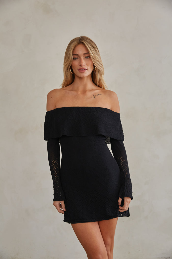 Crochet Mini Dress - Off the Shoulder Sweater Dress - American Threads Black / M Crochet Mini Dress - Off the Shoulder Sweater Dress - American Threads Black / M