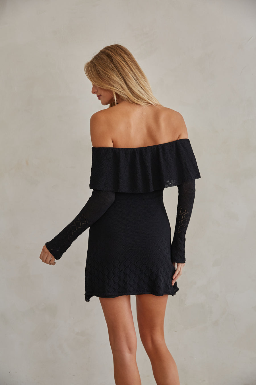 Crochet Mini Dress - Off the Shoulder Sweater Dress