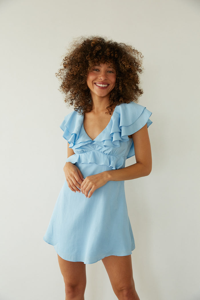 baby blue dress women Junie Open Back Flutter Sleeve Mini Dress • American Threads Trendy Boutique Baby Blue / XS