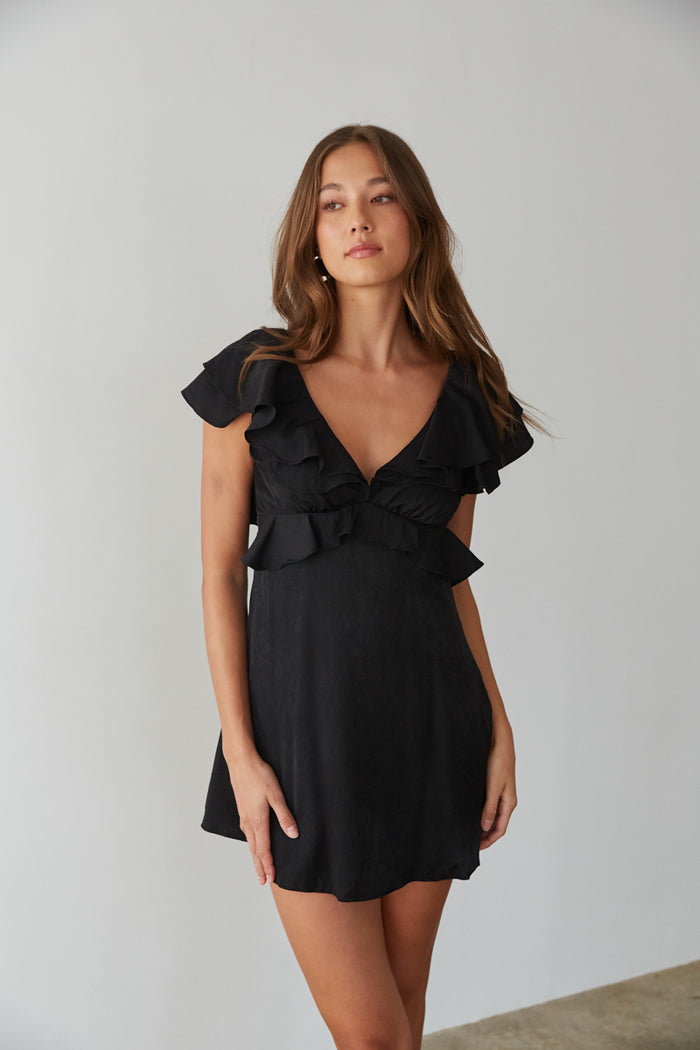 black-image | sexy little black dress - babydoll dress with ruffle bust and flutter ruffle layered short sleeves - V-neck and back with tie