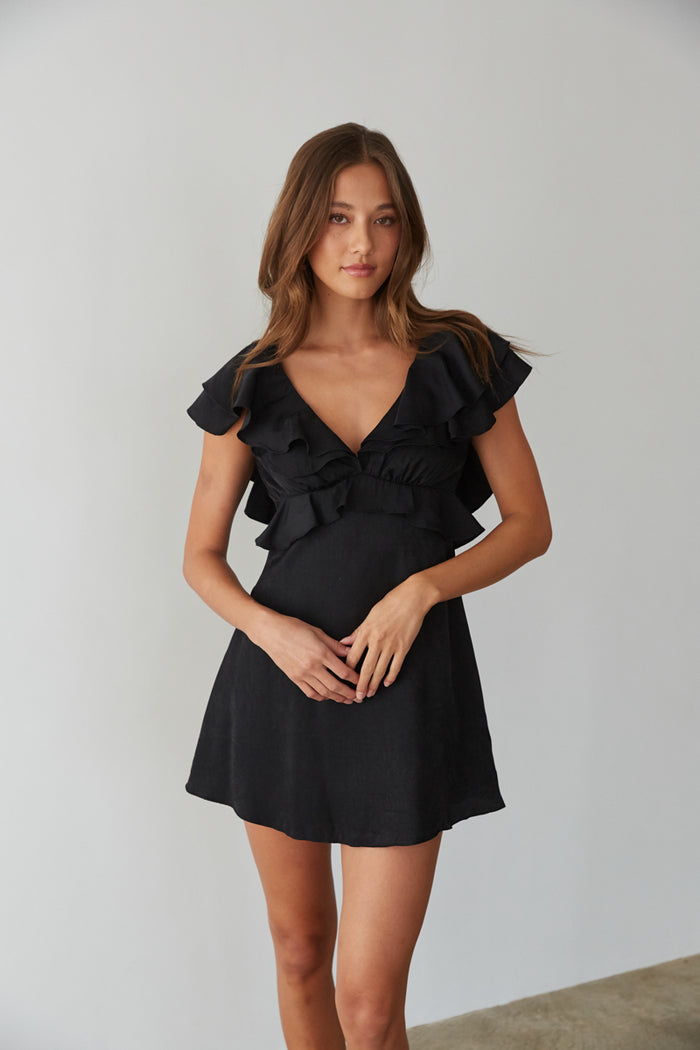  sexy black mini dress with flutter sleeves and V-neckline - sorority rush dress