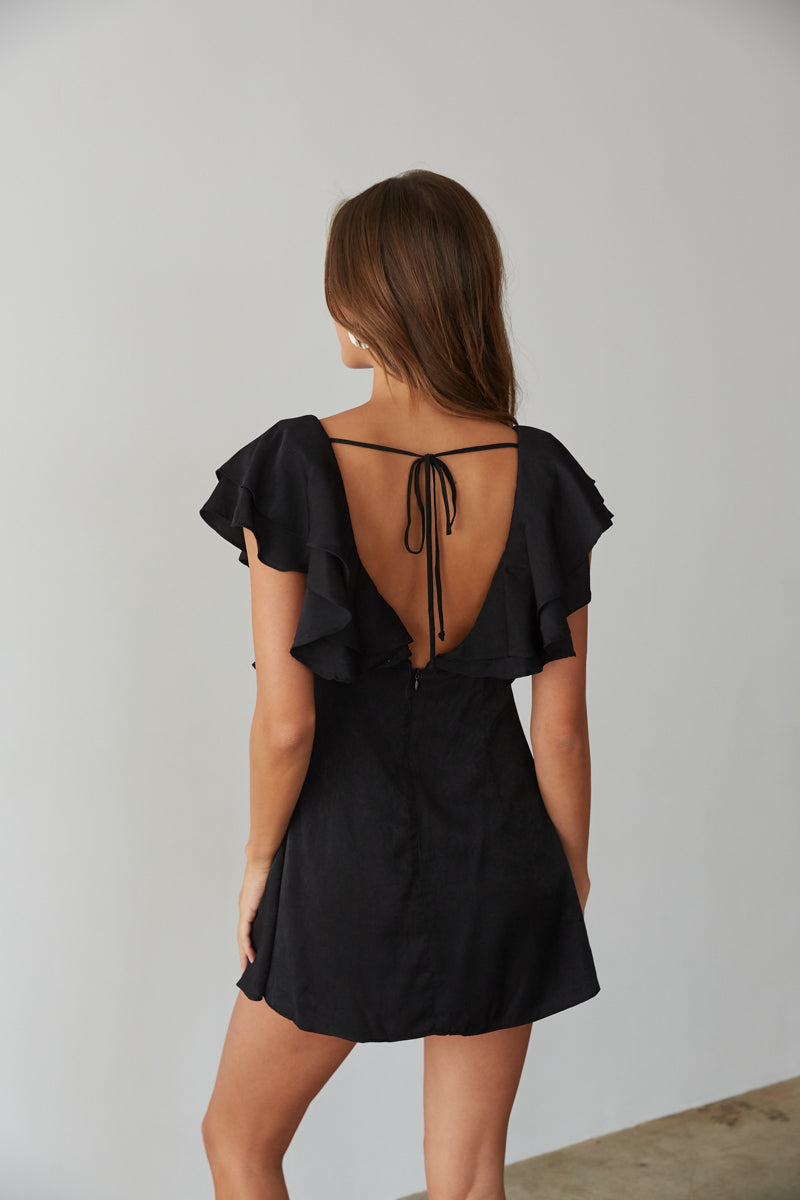 black mini dress with flutter sleeves and open V-back - sorority rush dress - date night dress