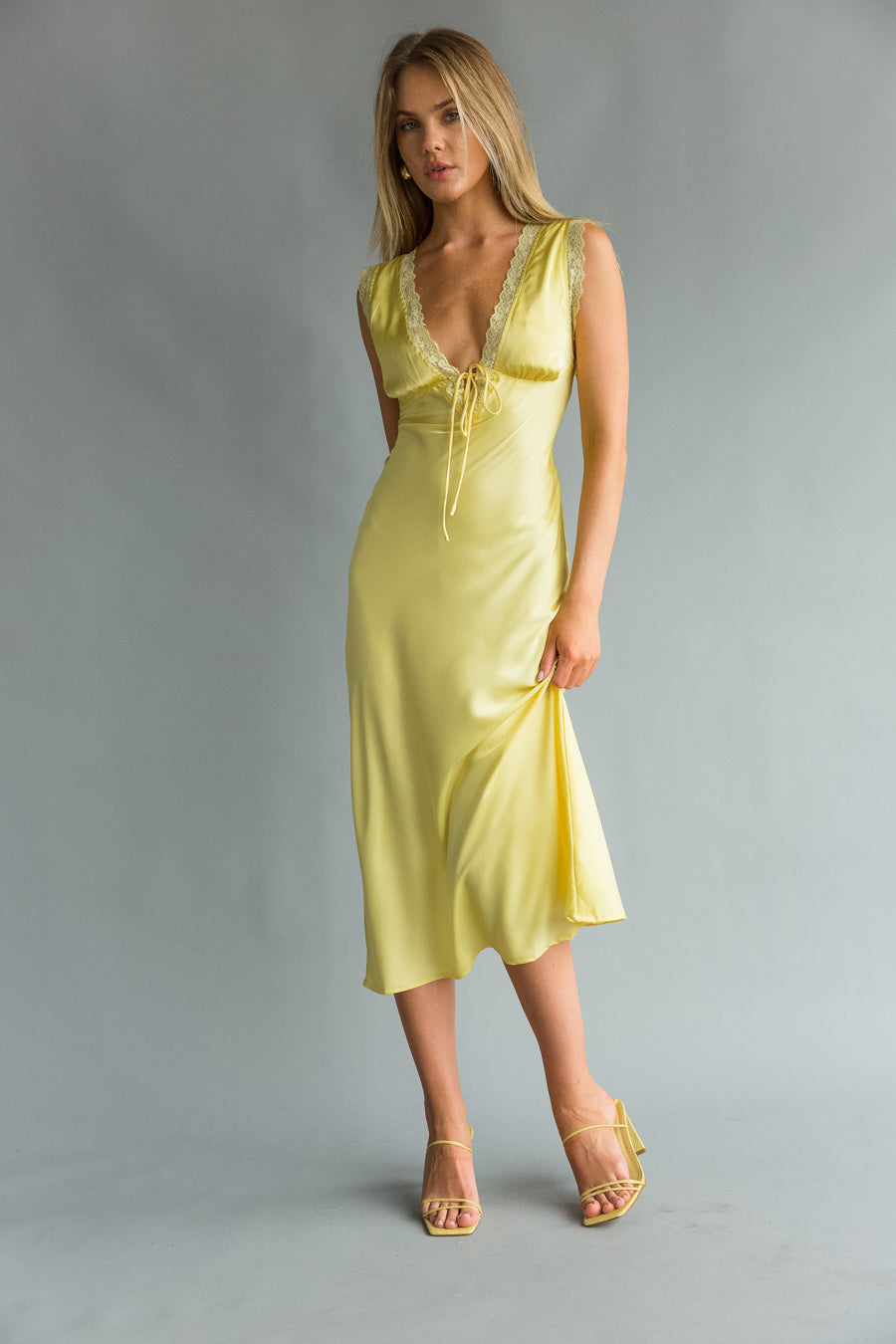 Juniper Lace Trim Satin Midi Slip Dress • Shop American Threads Online Yellow / L