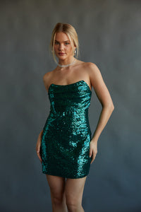 holiday cocktail dress - forrest green all over sequin mini dress - green wedding guest dress