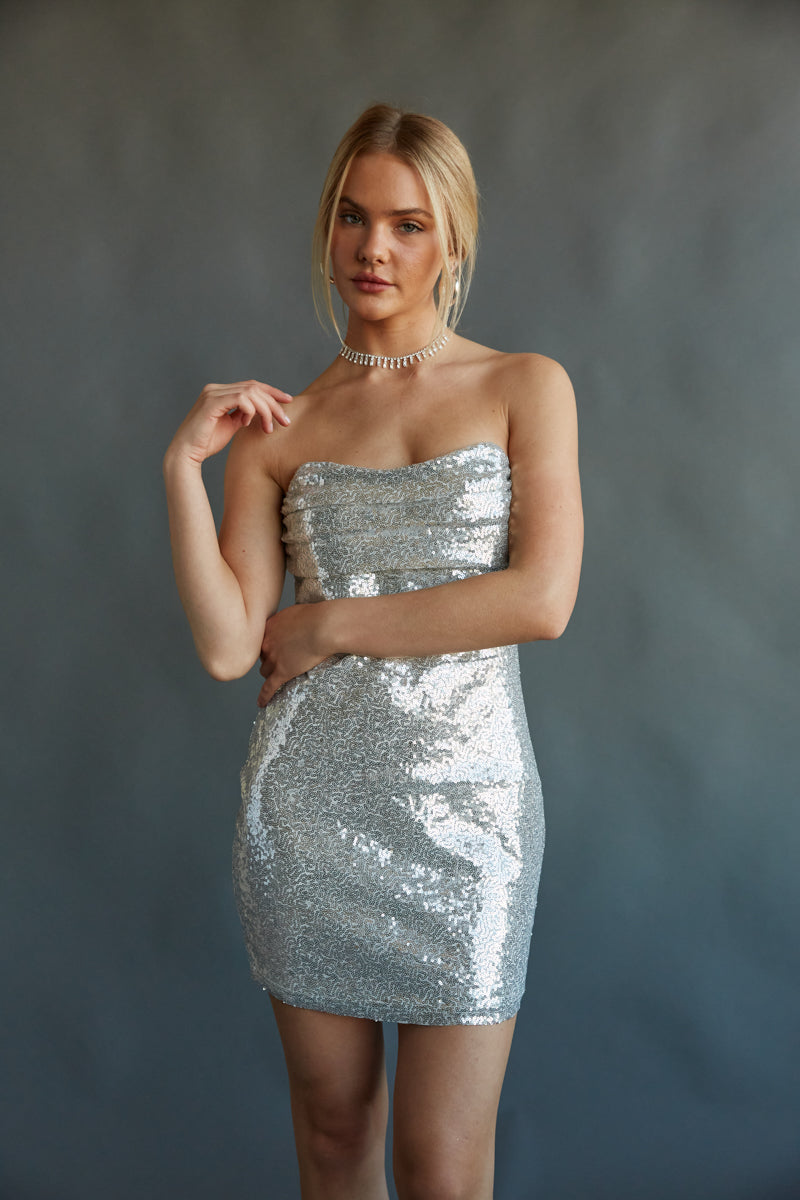 silver sequin strapless sweetheart neckline mini dress - formal short bodycon - holiday party dress