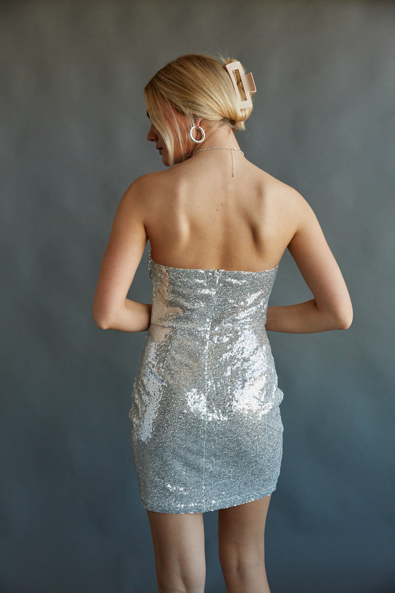 silver sparkly bodycon mini dress for sorority formal - shimmery strapless dress
