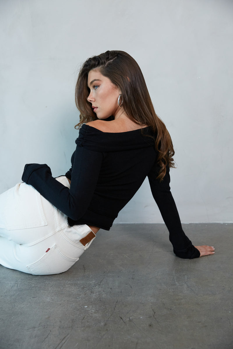 floor-view | winter style | off the shoulder top for winter | long sleeve top | casual date outfit