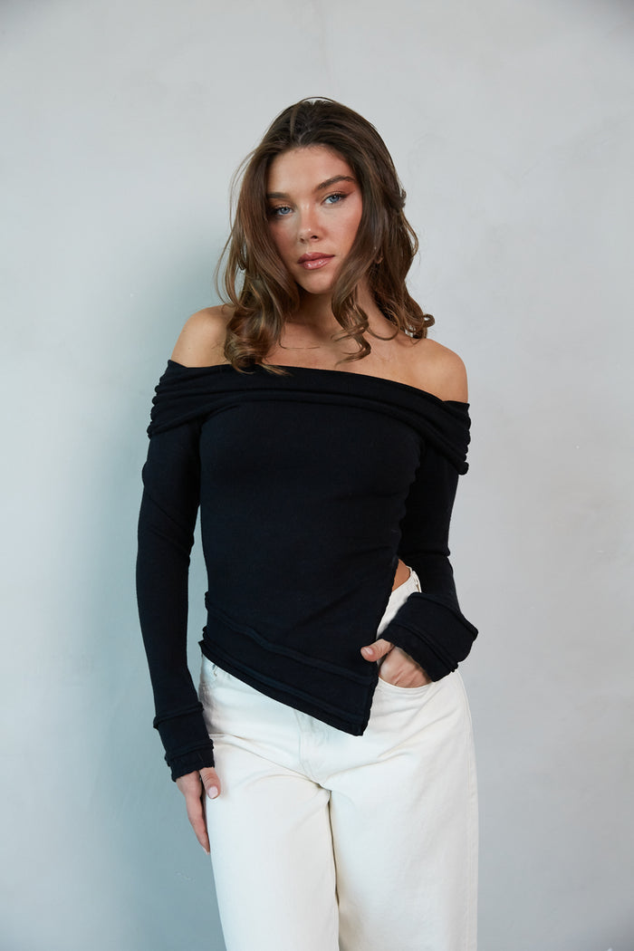 black-image | front-image | off the shoulder top | asymmetrical sweater top | going out winter tops | off the shoulder asymmetrical long sleeve black sweater |