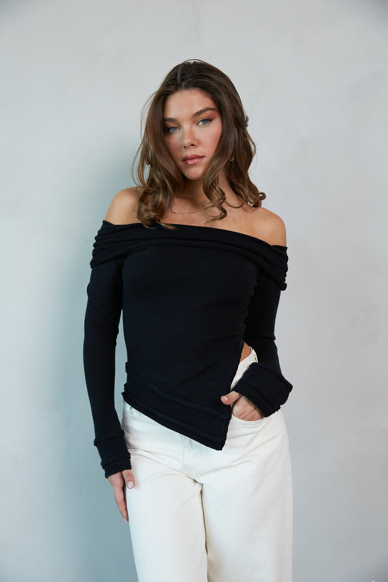 black-image | front-image | off the shoulder top | asymmetrical sweater top | going out winter tops | off the shoulder asymmetrical long sleeve black sweater |