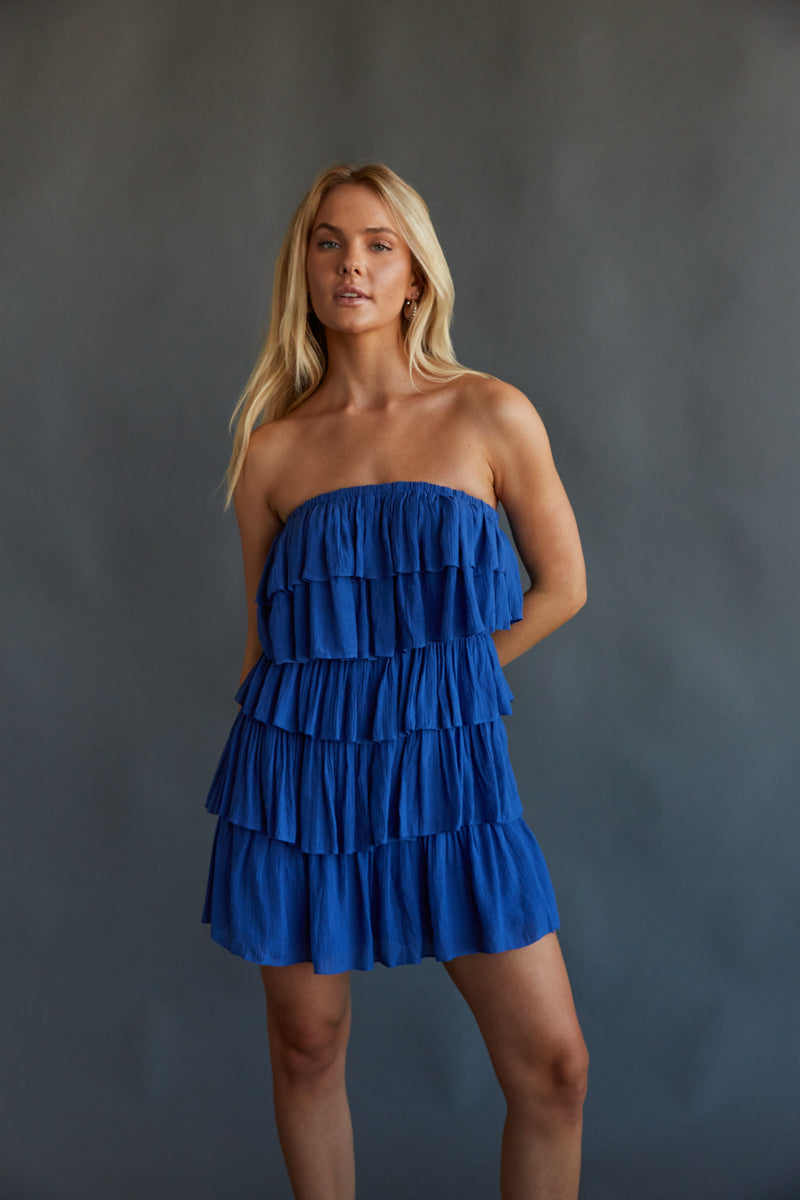 blue strapless romper - blue tiered ruffle romper - tiered ruffle dress romper