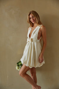 ivory bow front deep v mini dress - bubble hem babydoll dress for brides to be