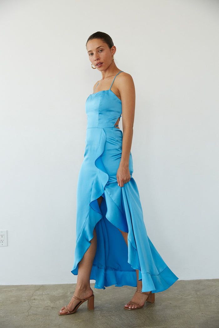 Kimber Floral Ruffle Maxi Dress Shop American Threads Boutique Blue / S Kimber Floral Ruffle Maxi Dress Shop American Threads Boutique Blue / S