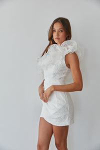 Formal White mini dress with floral lace perfect for summer- asymmetrical ruffle shoulder