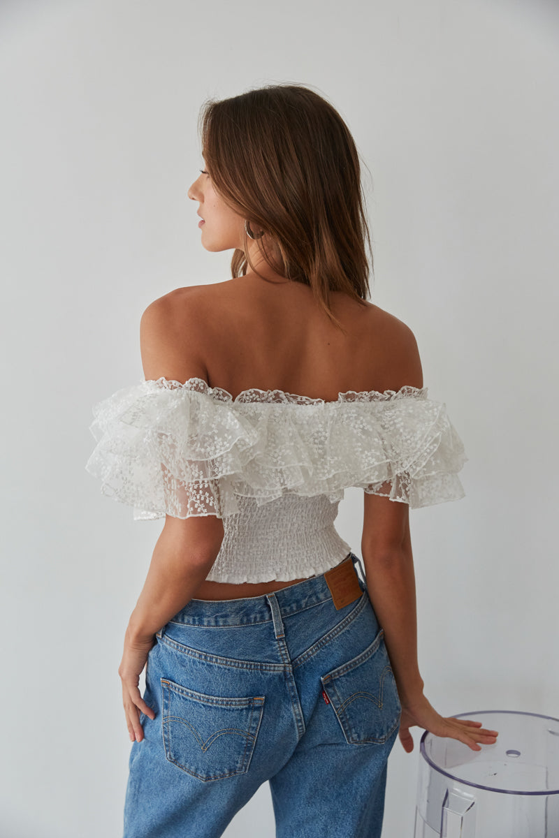 embroidered ruffle crop top - off the shoulder smocked crop top - white ruffle crop top