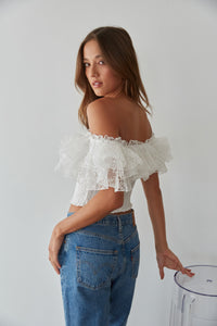 embroidered ruffle crop top - smocked crop top - white off the shoulder top