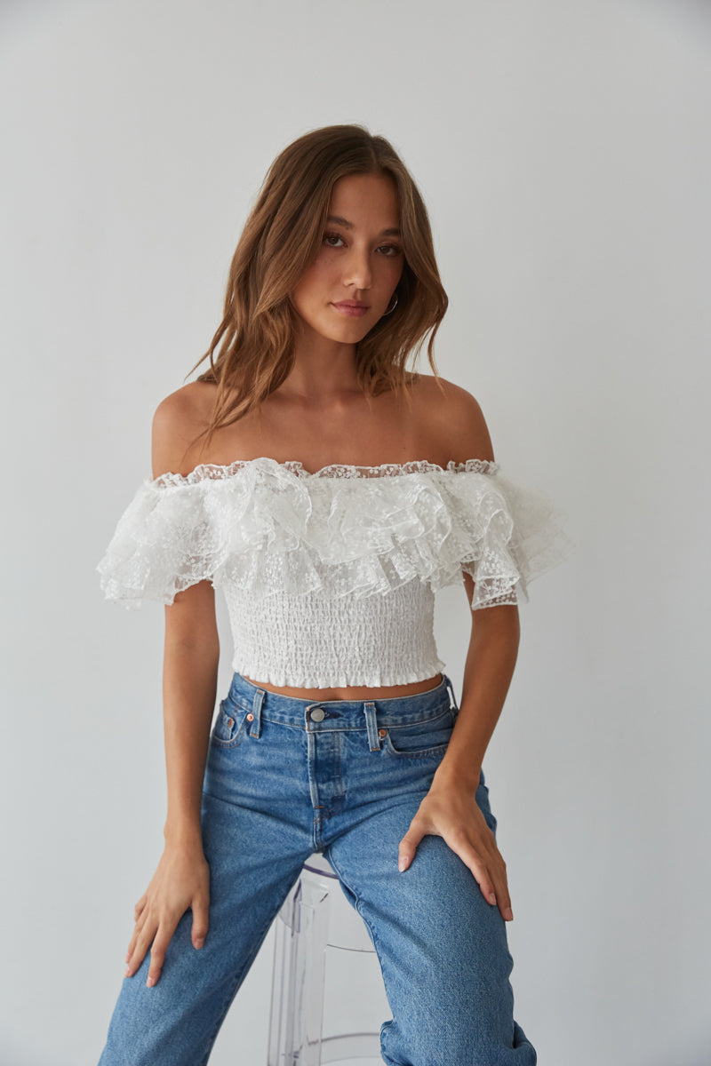 embroidered ruffle crop top - white smocked ruffle trim top - white crop top for summer