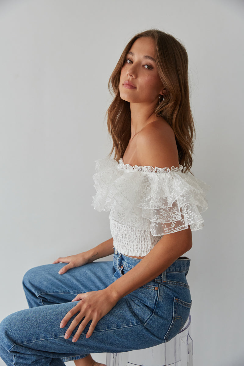 white embroidered ruffle sleeve top - off the shoulder ruffle crop top - smocked crop top for summer