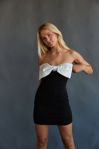 black and white contrast bow front mini dress - strapless little black dress with white satin bow - unique homecoming dresses - junior high dance dress