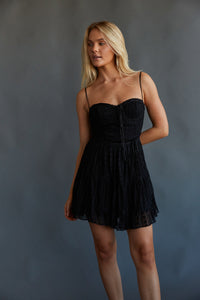 LBD - lace mini dress - spaghetti strap mini dress - black mini dress | black-image | trendy mini dress with cinched bust | little black dress | sexy lace mini dress - babydoll dress 