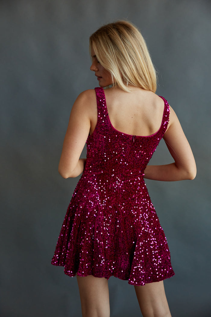 purple pink fit and flare sequin dress for sorority semi formal