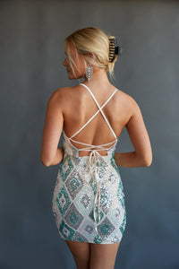 sequin lace up back bodycon mini dress - unique homecoming dresses - sparkly diamond pattern mini dress